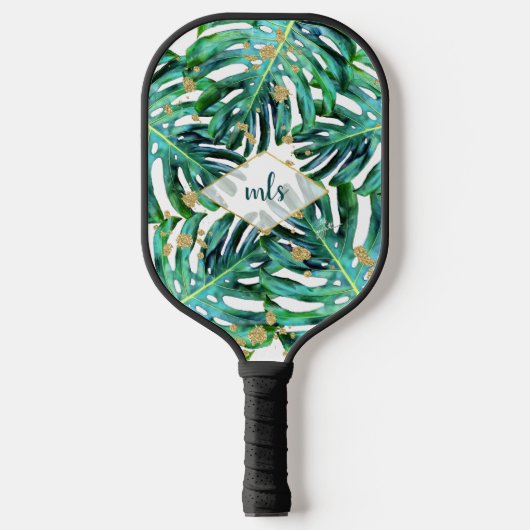 Tropische bladeren met Gold Glitter Beach Monogram Pickleball Paddle (Voorkant)