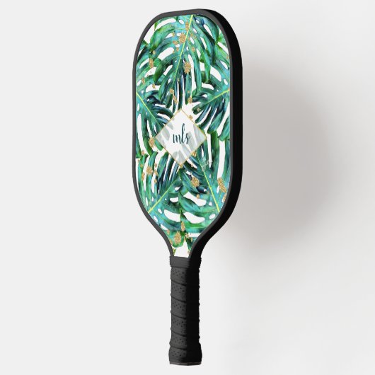 Tropische bladeren met Gold Glitter Beach Monogram Pickleball Paddle (Links)