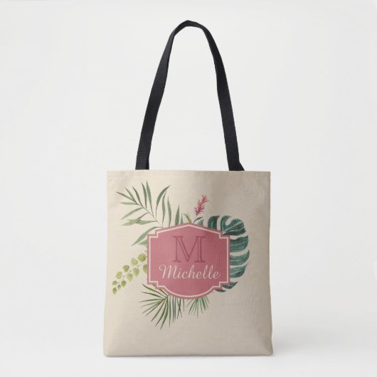 Tropische bladeren met naam en monogram tote bag (Voorkant)