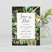 Tropische bladeren Modern Black & Gold Lijst Save The Date (Staand voorkant)
