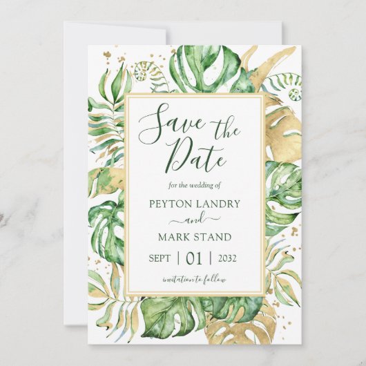 Tropische bladeren Modern Gold Lijst sparen de dat Save The Date (Voorkant)