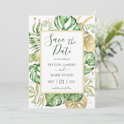 Tropische bladeren Modern Gold Lijst sparen de dat Save The Date (Staand voorkant)