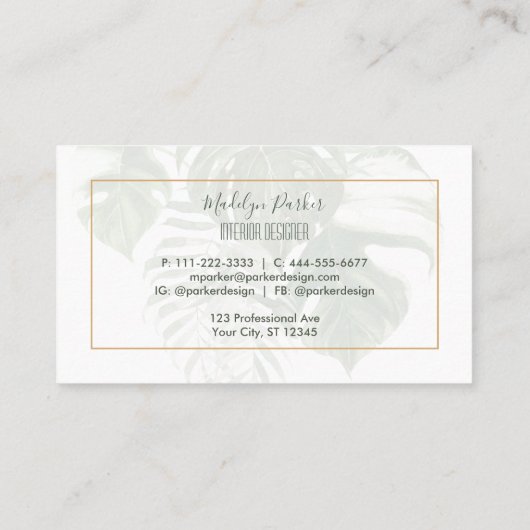 Tropische bladeren Modern Interior Design Visitekaartje (Achterkant)