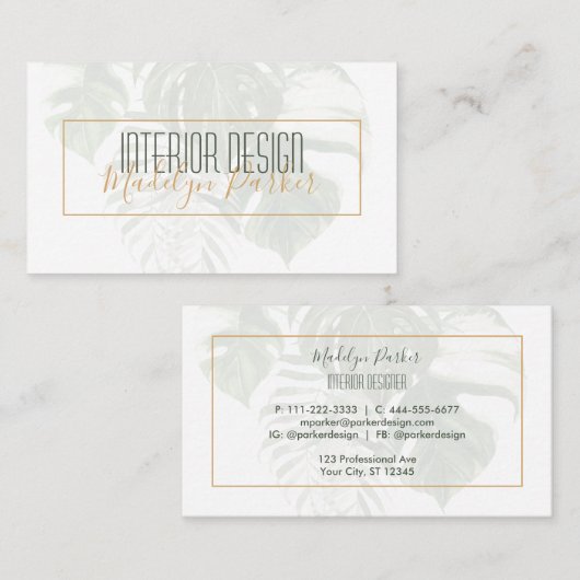 Tropische bladeren Modern Interior Design Visitekaartje (Voorkant / Achterkant)