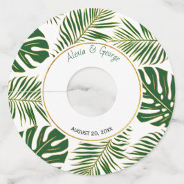 Tropische bladeren moderne gouden en groene bruilo wijnglaslabel