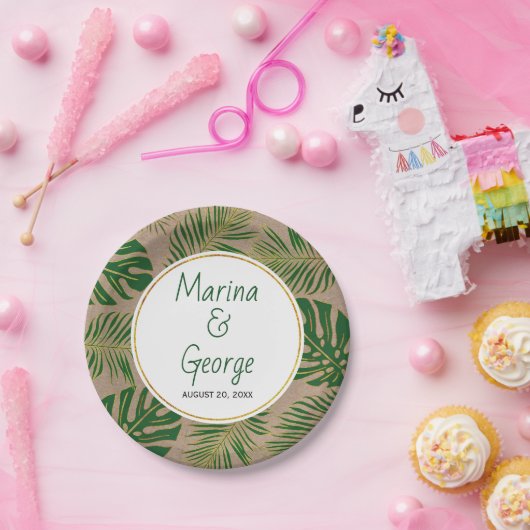 Tropische bladeren moderne groene, gouden bruiloft papieren bordje (Feest)