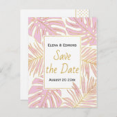 Tropische bladeren moderne roze bruiloft Save the  Aankondigingskaart (Voorkant / Achterkant)