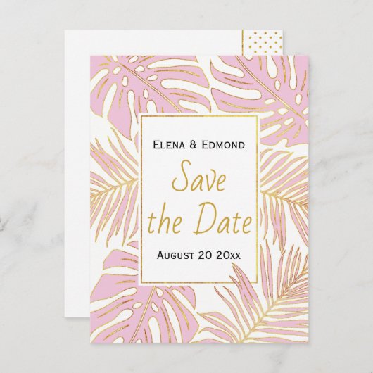 Tropische bladeren moderne roze bruiloft Save the  Aankondigingskaart (Voorkant / Achterkant)