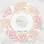 Tropische bladeren moderne roze en gouden bruiloft wijnglaslabel (Voorkant)