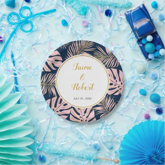 Tropische bladeren moderne roze, gouden marineuze  papieren bordje (Feest)