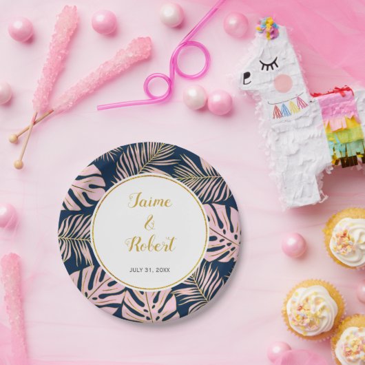 Tropische bladeren moderne roze, gouden marineuze  papieren bordje (Feest)