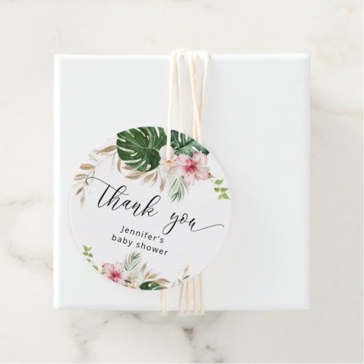 Tropische bladeren monstera meisje baby shower bedankjes labels (In situ)