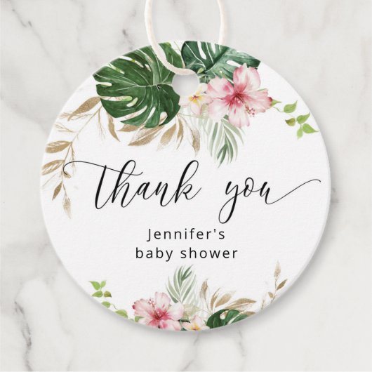 Tropische bladeren monstera meisje baby shower bedankjes labels (Voorkant)