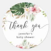 Tropische bladeren monstera meisje baby shower ronde sticker (Voorkant)