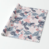 Tropische bladeren Navy blush roze dusty blue Cadeaupapier (Uitgerold)