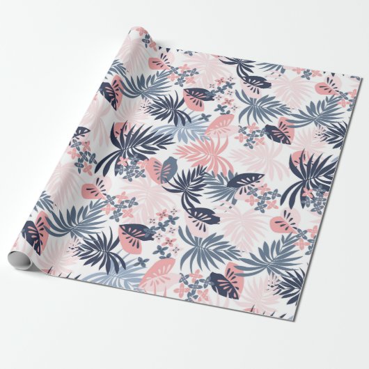 Tropische bladeren Navy blush roze dusty blue Wrap Cadeaupapier (Uitgerold)