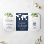 Tropische bladeren Navy Wereldkaart Alles in één b Drieluik Uitnodiging (Binnen)