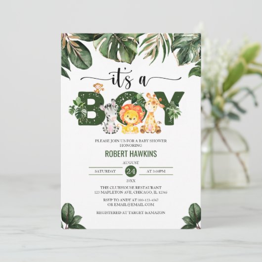 Tropische bladeren Oerwoud Safari Animals Baby sho Kaart (Staand voorkant)