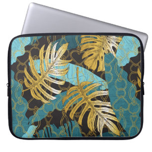 Tropische bladeren onder een gordijn van goudketen laptop sleeve