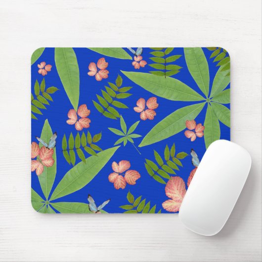 Tropische bladeren op blauw muismat (Met muis)
