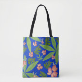 Tropische bladeren op blauw tote bag (Voorkant)