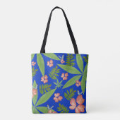 Tropische bladeren op blauw tote bag (Achterkant)