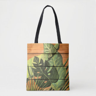 Tropische bladeren op hout tote bag