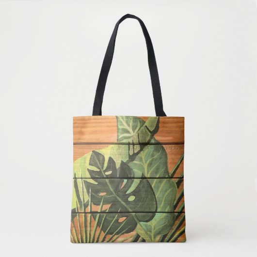 Tropische bladeren op hout tote bag (Voorkant)