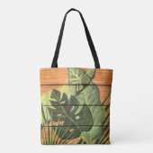 Tropische bladeren op hout tote bag (Achterkant)