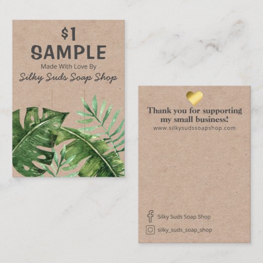 Tropische bladeren op kraft zeep sample verpakking visitekaartje (Voorkant / Achterkant)