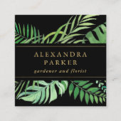 Tropische bladeren op zwart met goud vierkante visitekaartje (Voorkant)