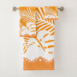 Tropische bladeren Oranje in witte Fancy trim Bad Handdoek