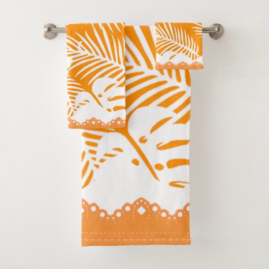 Tropische bladeren Oranje in witte Fancy trim Bad Handdoek (Insitu)