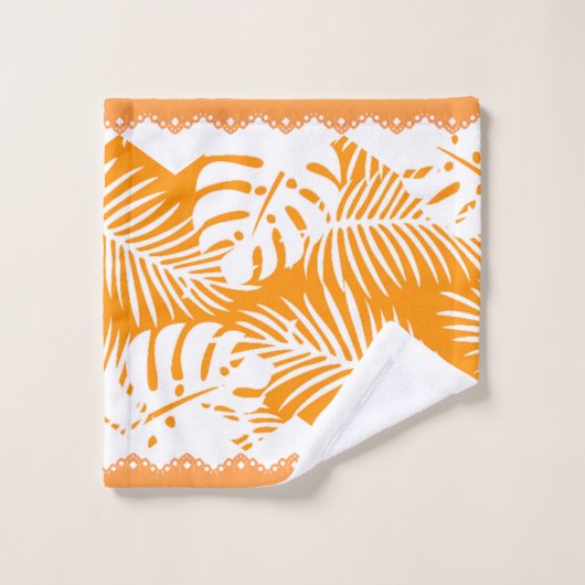 Tropische bladeren Oranje in witte Fancy trim Bad Handdoek (Wasdoekje)