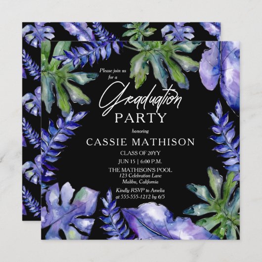 Tropische bladeren Paars | Groene Graduation Party Kaart (Voorkant / Achterkant)