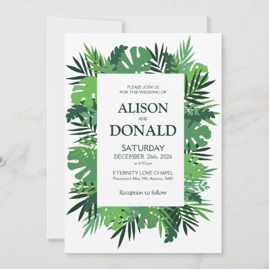 Tropische bladeren palm gebladerte bloem bruiloft kaart (Voorkant)