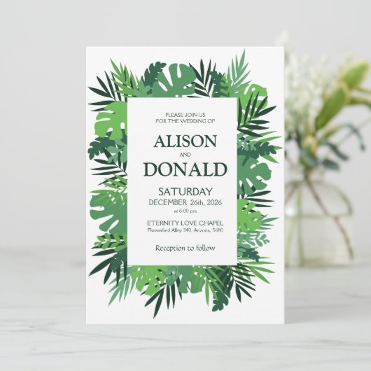 Tropische bladeren palmbladerbladeren bloembruilof kaart (Staand voorkant)
