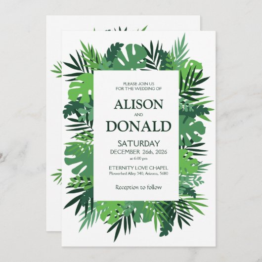 Tropische bladeren palmbladerbladeren bloembruilof kaart (Voorkant / Achterkant)