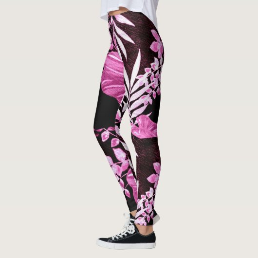 Tropische bladeren Palmbladeren Roze Bourgogne Wit Leggings (Links)