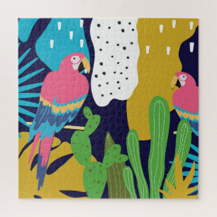 Tropische bladeren, papegaaien: zomer achtergrond. legpuzzel