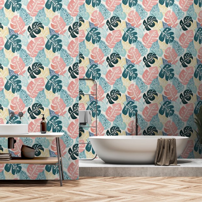 Tropische bladeren pastel turquoise roze geel behang (Badkamer)