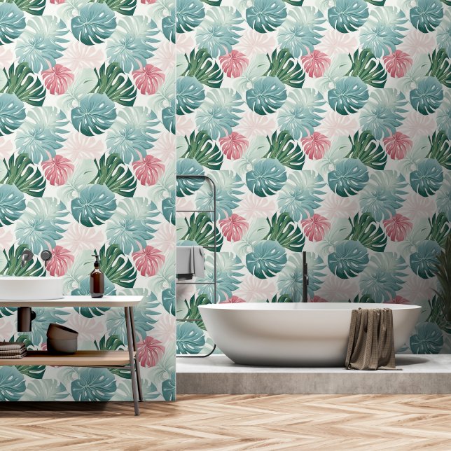 Tropische bladeren pastel turquoise roze groen behang (Badkamer)