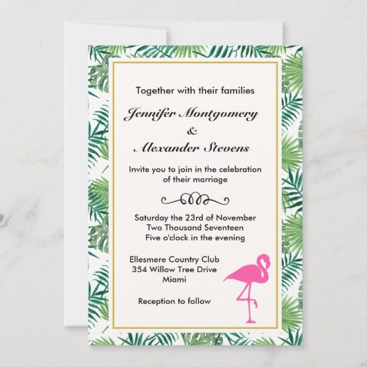 Tropische bladeren patroon en roze flamingo bruilo kaart (Voorkant)