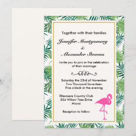 Tropische bladeren patroon en roze flamingo bruilo kaart