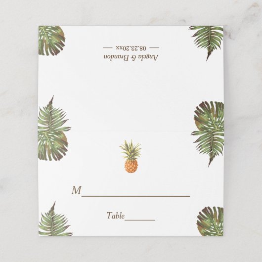 Tropische bladeren Pineapple Summer Wedding Table Plaatskaartje (Buitenkant ongevouwen)