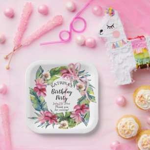 Tropische bladeren   Pink Floral Birthday Party Papieren Bordje
