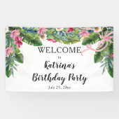 Tropische bladeren | Pink Floral Birthday Party Spandoek (Horizontaal)