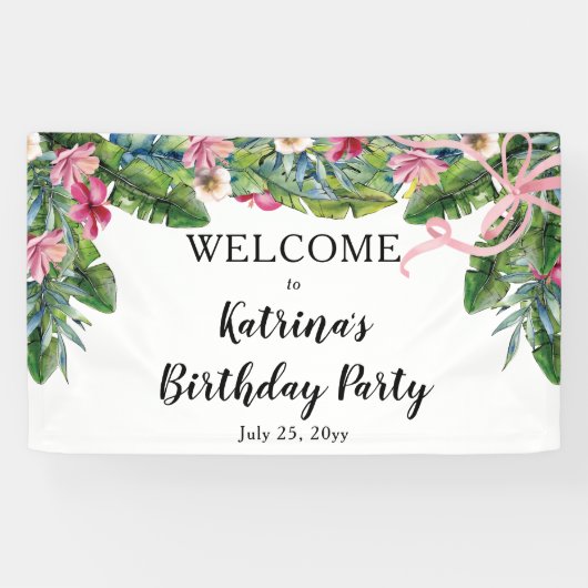 Tropische bladeren | Pink Floral Birthday Party Spandoek (Horizontaal)