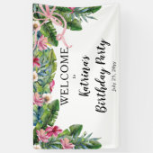 Tropische bladeren | Pink Floral Birthday Party Spandoek (Verticaal)