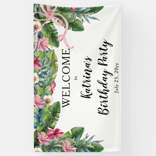 Tropische bladeren | Pink Floral Birthday Party Spandoek (Verticaal)